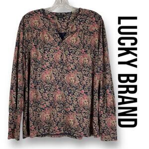 Lucky Brand Paisley Henley Top Floral Navy Long Sleeve Womens Size Medium